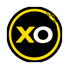 XO yellow and white logo with a taxi